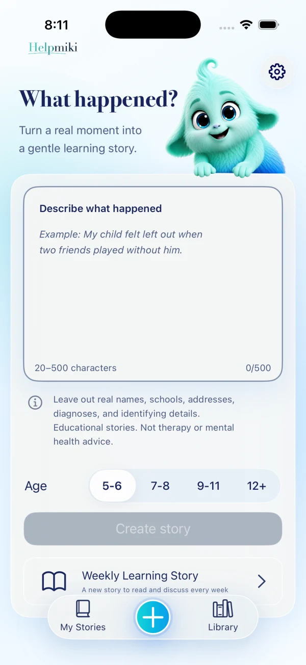 Helpmiki story creation screen with an educational-use notice